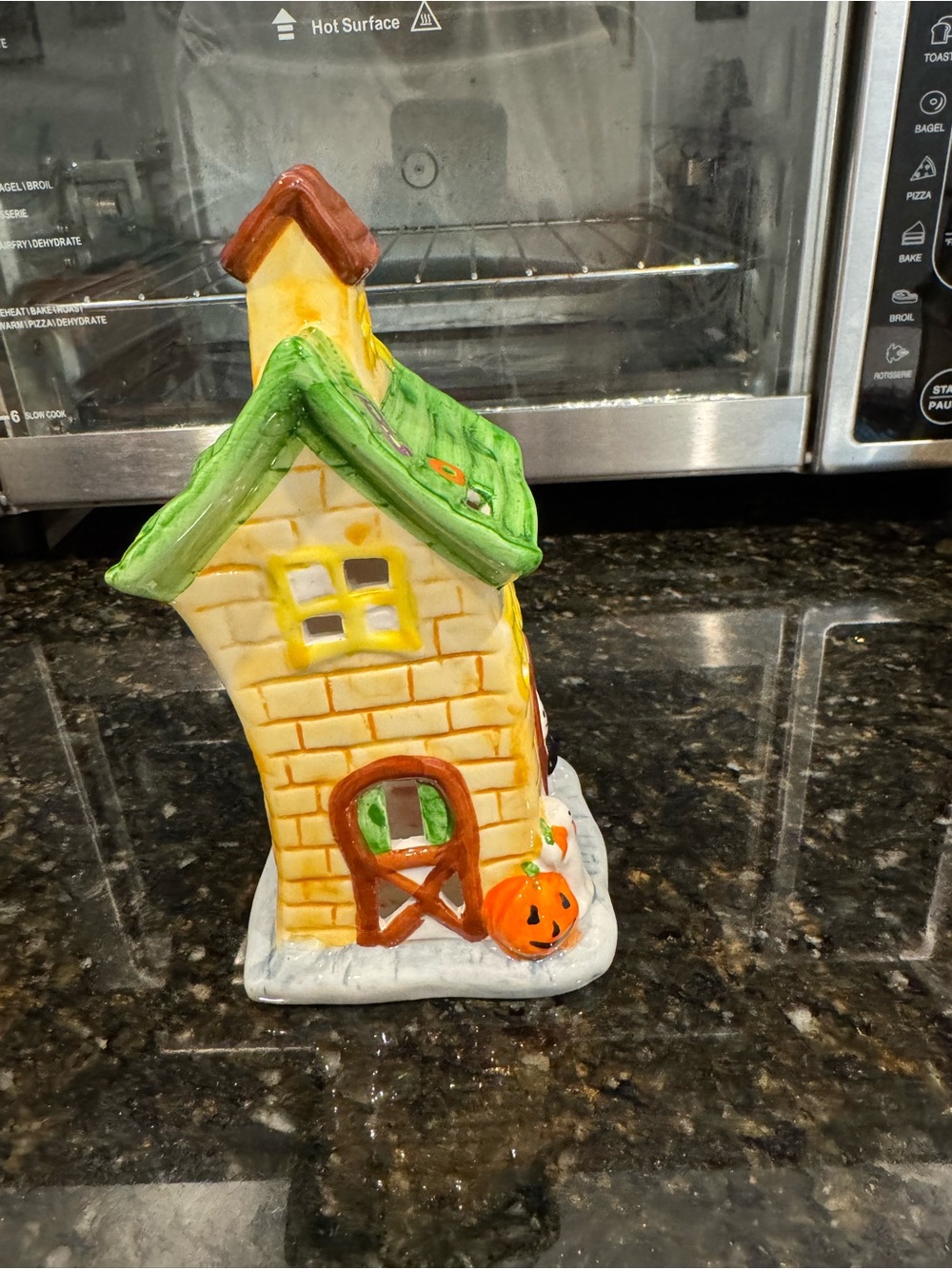 Hand-Painted Ceramic Holiday House Decor in Green and Yellow - Unbranded